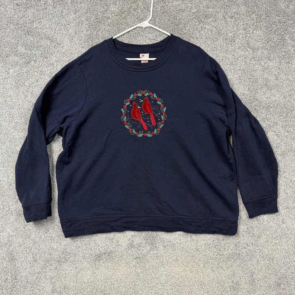 VTG Y2K Holiday Editions Sweatshirt Womens 2X Blue Fleece Cardinal Christmas